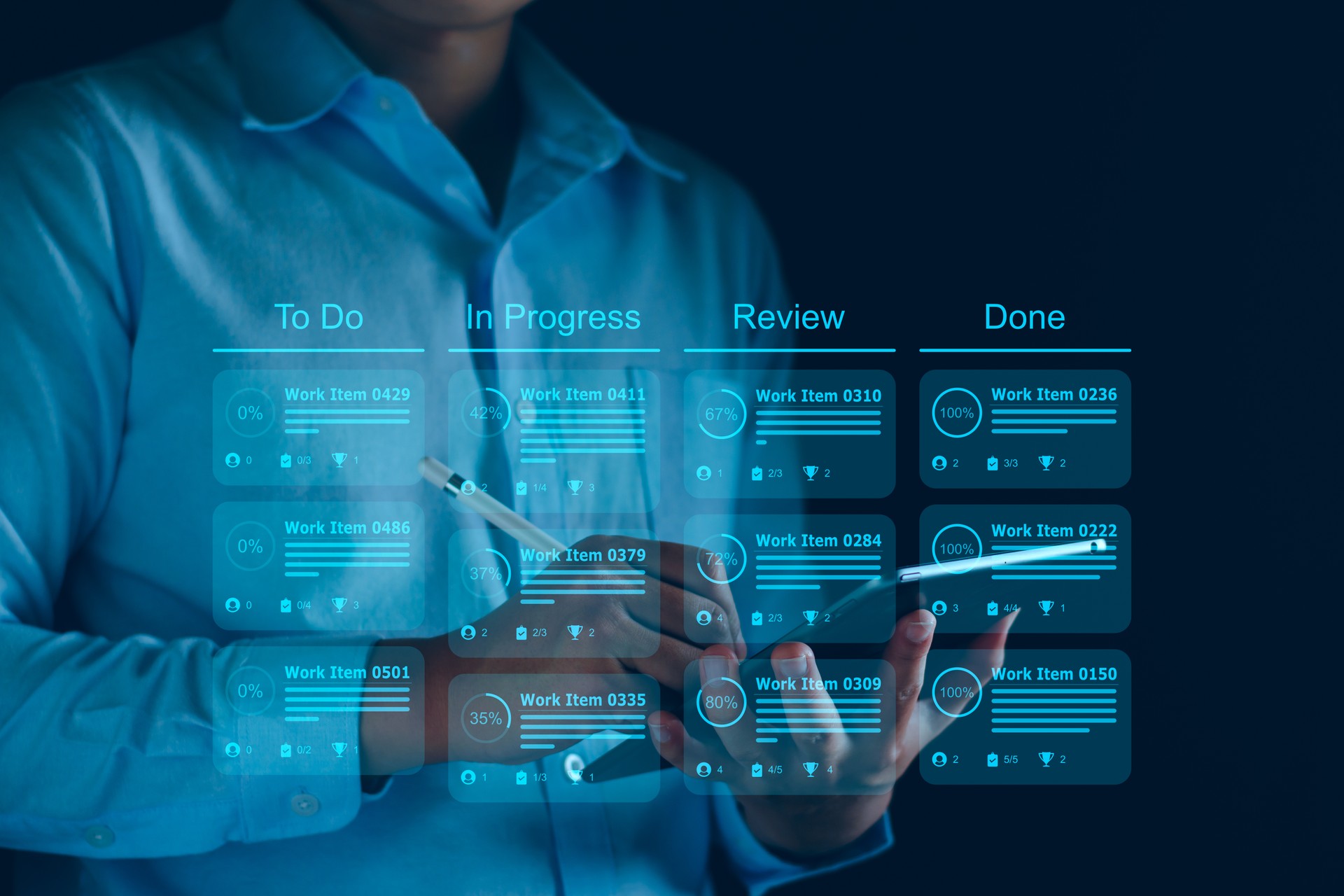 Agile software development or project management using kanban or scrum methodology boards on screen. Process, workflow, visual organisation tools and framework. Developer touching virtual interface.